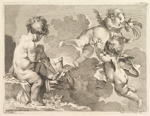 Três amores, um dos quais está sentado, segurando uma aljava, 1727-60. de Pierre Alexandre Aveline
