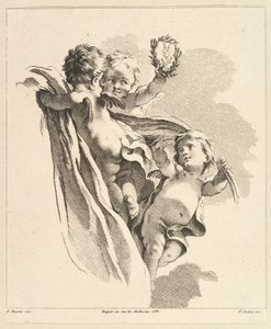 Três amores, um dos quais detém uma coroa, do Quarto Livro dos Grupos Infantis, do século XVIII. de Pierre Alexandre Aveline