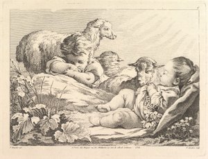 Duas crianças dormindo com três ovelhas, século XVIII. de Pierre Alexandre Aveline