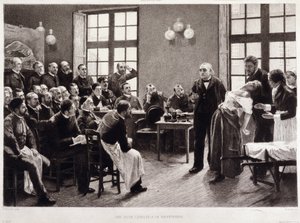 Uma palestra clínica do Dr. Charcot no Salpetriere, em 1887. Alunos do departamento do Professor Jean Martin Charcot que explica o caso de Blanche Wittman, sua paciente e porquinho-da-índia, prefere a sua pesquisa sobre histeria. Ele foi assistente de Jo de Pierre Andre (after) Brouillet