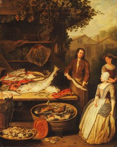Um peixeiro exibindo um pique para uma empregada doméstica, 1727
