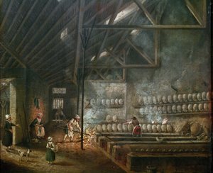 Interior de uma oficina de cerâmica (ou soprador de vidro) - Pintura de Pierre Antoine Demachy (1723-1807), detalhe - Século XIX - Óleo sobre madeira - Dim: 39 x 31 cm - Paris, Musee Carnavalet de Pierre Antoine Demachy