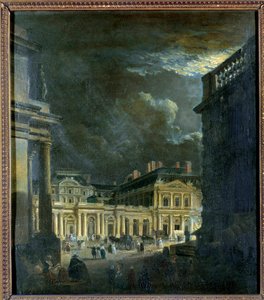 La Place du Palais Royal em Paris à luz da lua Pintura de Pierre Demachy (1723-1807) Sol do século XVIII. 0,39x0,34 m Paris, Musee Carnavalet de Pierre Antoine Demachy