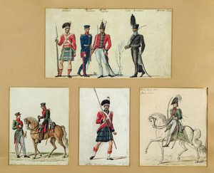 Uniformes de soldados escoceses e oficiais prussianos, ingleses, hanoverianos e russos em 1814