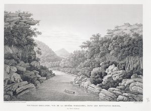 Nova Holanda: Vista do Rio Waragamba nas Montanhas Azuis, de &39;Voyage Autour du Monde (1817-20)&39;, de Louis Claude Desaulses de Freycinet (1779-1842) gravado por Schroeder, publicado em 1822-24 (li