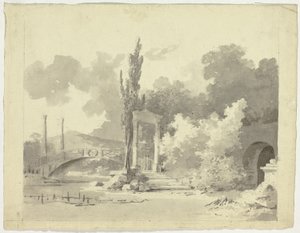 Vista do parque de Versalhes: Ponte em arco com colunas de aproximação