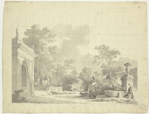 Vista do parque de Versalhes: Entrada em arco para um terraço, urnas e estatuária em ruínas de Pierre Antoine Mongin
