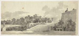 Vista do parque de Versalhes: Escadaria, urnas e topiários