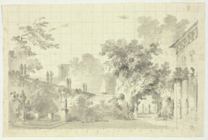 Vista do parque de Versalhes: Estátuas e uma fonte de Pierre Antoine Mongin