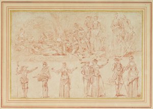 Dois fetes galantes e estudos de figuras individuais e pares (giz vermelho sobre papel)