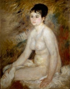 Depois do banho. Retrato de uma mulher nua sentada. Pintura de Pierre Auguste Renoir (Pierre-Auguste