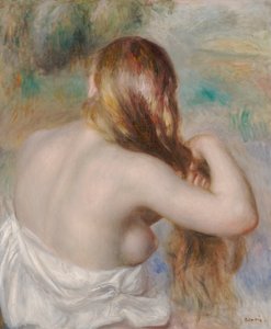 Loira a trançar o seu cabelo de Pierre Auguste Renoir