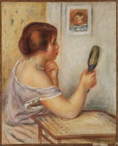 Gabrielle segurando um espelho ou Marie Dupuis segurando um espelho com um retrato de Coco, início do século XX de Pierre Auguste Renoir