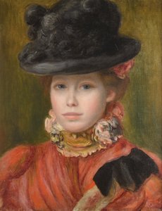Menina de chapéu preto com flores vermelhas, c. 1890 de Pierre Auguste Renoir
