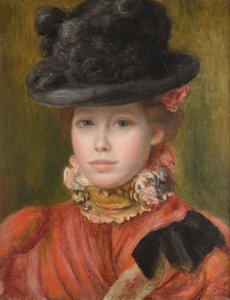 Jeune fille au chapeau noir et fleur rouge - Menina de chapéu preto com flores vermelhas de Renoir, Pierre Auguste (1841-1919), c. 1890 - Óleo sobre tela - Coleção Particular de Pierre Auguste Renoir