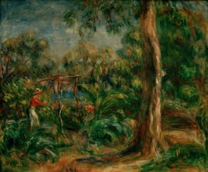 A grande árvore. Mulher com corpete vermelho no jardim do Ca de Pierre Auguste Renoir