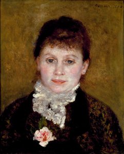 Mulher tem colarinho branco. Retrato de uma mulher com uma rosa de Pierre Auguste Renoir