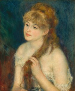 Mulher jovem, trançando, dela, cabelo, 1876