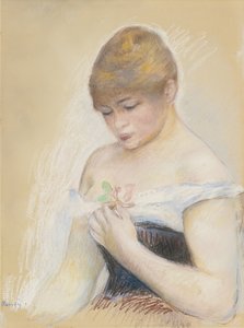Jovem mulher segurando uma flor. Retrato da atriz Jeanne Samary, c. 1880 de Pierre Auguste Renoir