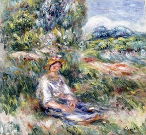 Jovem mulher sentada em um prado, de Pierre Auguste Renoir