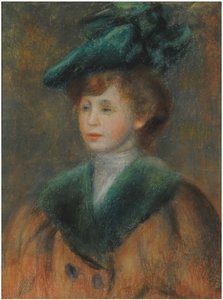 Jovem com um chapéu verde (pastel sobre papel) de Pierre Auguste Renoir