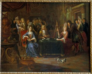Nobres jogadores de cartas a jogar às cartas numa sala de estar. Pintura de Pierre Bergaigne (1652-1708) 1699 Arras, Musee Des Beaux Arts de Pierre Bergaigne