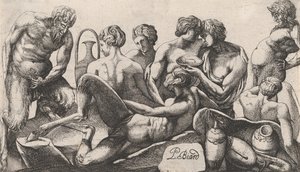 Oito sátiros e sátiros terminando uma refeição, 1607-61. de Pierre Biard