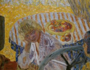 Jovem mulher com toalha de mesa às riscas de Pierre Bonnard