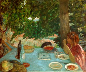 A tarte de cereja A jovem mulher sentada tem uma mesa no jardim. Pintura de Pierre Bonnard (1867-1947) 1908 Dim. 115x126 cm Zurique, Coleção Peter Nathan de Pierre Bonnard