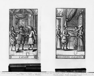Molière como Harpagon, frontispício de &39;The Miser&39;, 1668, e frontispício de &39;Learned Ladies&39;, 1672, de Molière (1622-1673), gravado por Jean Sauve (fl.1660-91), publicado em Paris em 1682 (b