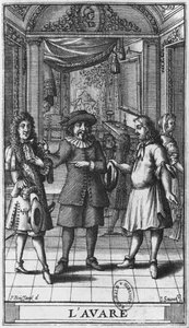 Molière como Harpagon, ilustração do frontispício de &39;The Miser&39; de Molière, gravado por Jean Sauve (fl.1660-91) edição 1682
