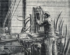 Artesão de marfim a cortar presas de elefante Gravura de "Excursion a travers les metiers" de Pierre Calmette Private Collection