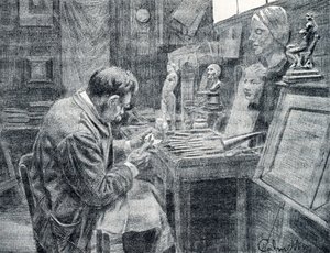 Trabalhador do marfim esculpindo marfim com cinzéis, raspadores e goivas Gravação de "Excursion a travers les metiers" por Pierre Calmette Private Collection