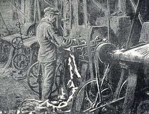 Indústria do couro: corte mecânico de peles Gravação de "Excursion a travers les metiers" por Pierre Calmette Private Collection