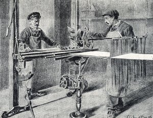 Oficina da seda: a preparação da cadeia na pasta (Trabalho da seda) Gravura desenhada a partir de "Excursion through the metiers" por Pierre Calmette Private Collection