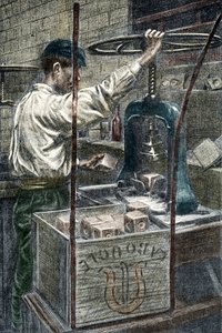 Fábrica de sabão: estampagem da marca de sabão Gravura de "Excursion a travers les metiers" de Pierre Calmette Private Collection