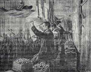 Tapeçaria de Aubusson: os estofadores trabalham de cabeça para baixo Gravura de "Excursion a travers les metiers" de Pierre Calmette Collection privee