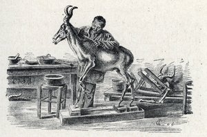 Taxidermia: Um taxidermista hartebeest empalhado na sua oficina Gravura de Excursion a travers les metiers" por Pierre Calmette Collection privee
