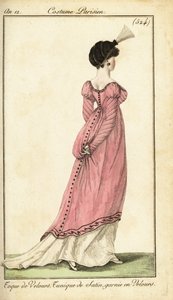Mulher de vestido de túnica de cetim e toque de veludo, Paris de Pierre Charles Baquoy