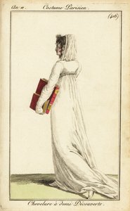 Mulher de vestido branco com véu sobre metade do seu cabelo, Paris de Pierre Charles Baquoy