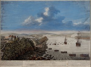Uma vista do local de desembarque acima da cidade de Quebec descrevendo o assalto ... no Hauteurs DAbraham Septr. 13 1759, c.1760 de Pierre Charles Canot