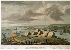 Uma vista da Louisburg na América do Norte, tomada perto da Casa da Luz quando aquela cidade foi sitiada em 1758 (gravação de linhas, colorida)