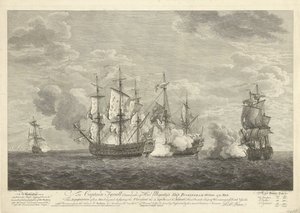 Ataque de um navio inglês em três navios franceses ao largo de St. Eustatius, 1758