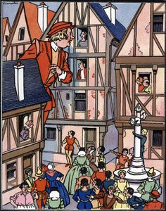 O gigante Gargântua nas ruas de Chinon Illustration de Pierre Couselles (falecido em 1938) de "Gargântua" de François Rabelais de Pierre Courselles