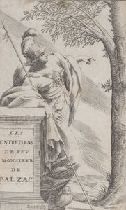 Frontispício, de Entrevistas com o falecido Sr. Balzac Les Entretiens de Feu Monsieur d..., 1660.