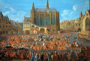 Rei Luís XV (1710-1774) deixando o leito de justiça realizado no Palais de Justice de Paris em 12/09/1715 La Sainte Chapelle est visible - Pintura a la gouache por Pierre Denis Martin (1663-1742) 1715 - Paris, musee Carnavalet - A partida de Luís XV ( de Pierre Denis Martin
