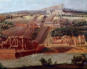Vista da máquina do aqueduto de Marly instalada em Bougival O aqueduto de Louveciennes (ou Marly) permitiu abastecer de água o castelo de Marly em Versalhes. Detalhe. Pintura de Pierre Denis Martin (1663-1742) Sol. 1,15x1,65 m Versailles, musee du