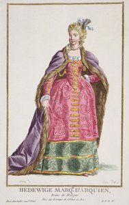 Hedwig, Marquesa de Arquien, Rainha da Polônia, de &39;Colecção de Estampas, Representando Cordilheiras e Dignitas, seguindo o Traje de todas as Nações existentes&39;, publicado em 1780 (pintados à mão de Pierre Duflos