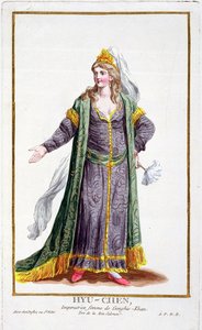 Hyu-Chen, esposa de Genghis Khan, de Réuil des Estampes, representando Ranges e Dignites, seguindo o figurino de todas as nações existentes, publicada em 1780 (gravura colorida à mão)