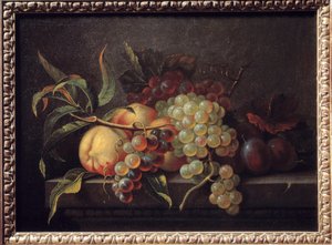 Frutas em cima de uma mesa. Pintura de Pierre Dupuis (1610-1682)